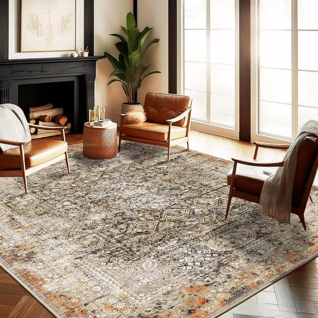 Detalle de CHAMPLANT 9'x12' Washable Vintage Area Rug with Floral Distressed Style (Non-Slip, Thin, Foldable)