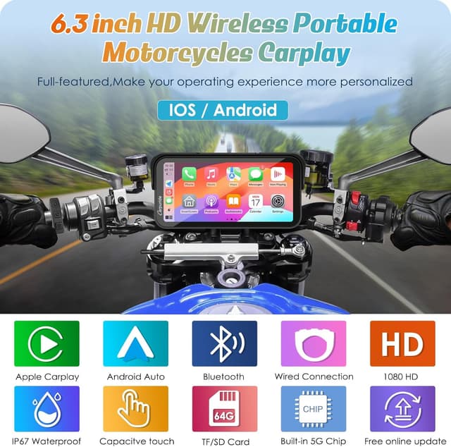 Detalle 2 de Carpuride W603 6.3" Waterproof Motorcycle CarPlay Screen (Wireless CarPlay & Android Auto, BT Audio, GPS, voice control)