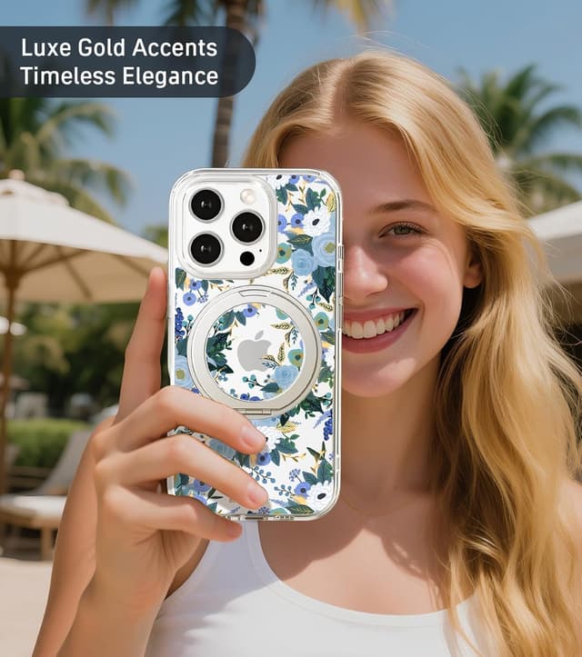 Detalle 2 de FEWGEY iPhone 16 Pro Max Case with MagSafe Ring & 360° Kickstand (Clear Floral, Shock-Protection)