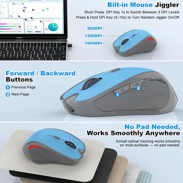 Detalle de Azmall mouse ergonomico wireless con Bluetooth e 2,4 GHz (2 in 1 con Jiggler) a 1.600 DPI