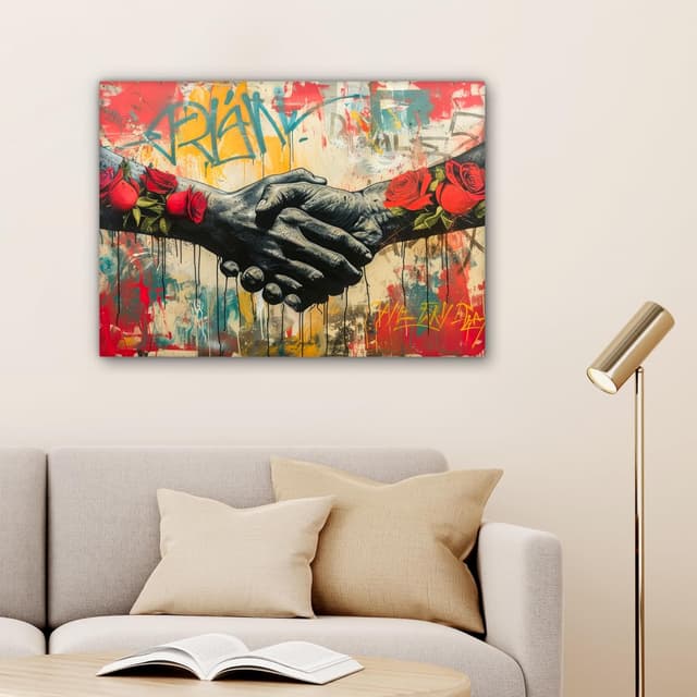 Detalle de MuchoWow© Impression sur toile 80x60 cm décoration murale Roses, mains & street art