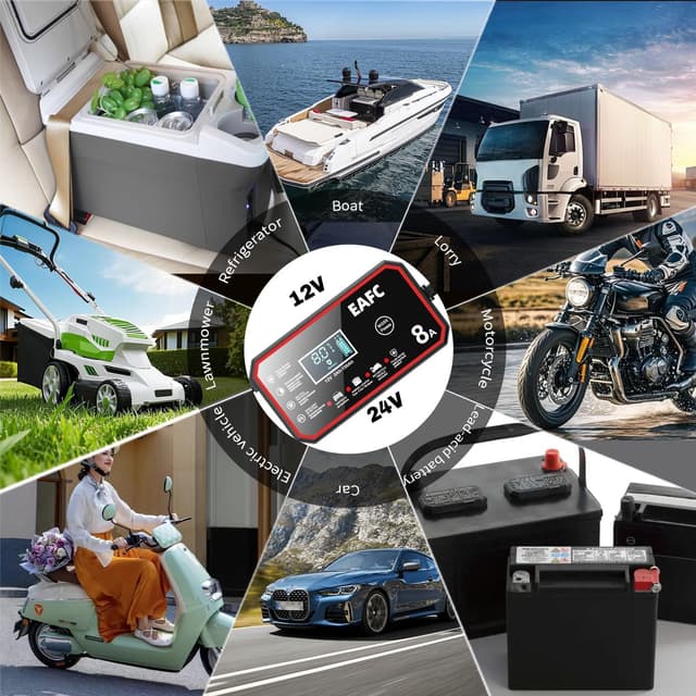 Detalle de EAFC 12V 8A Smart Car Battery Charger with Pulse Repair Mode (LCD) – AGM, GEL, WET & LiFePO4