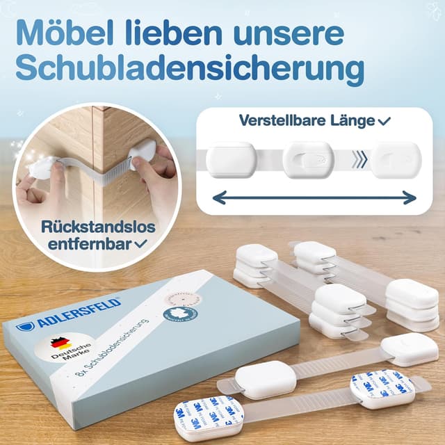 Detalle de ADLERSFELD® 10er Kindersicherung für Schränke (schrank kindersicherung, mit 3M Kleber)