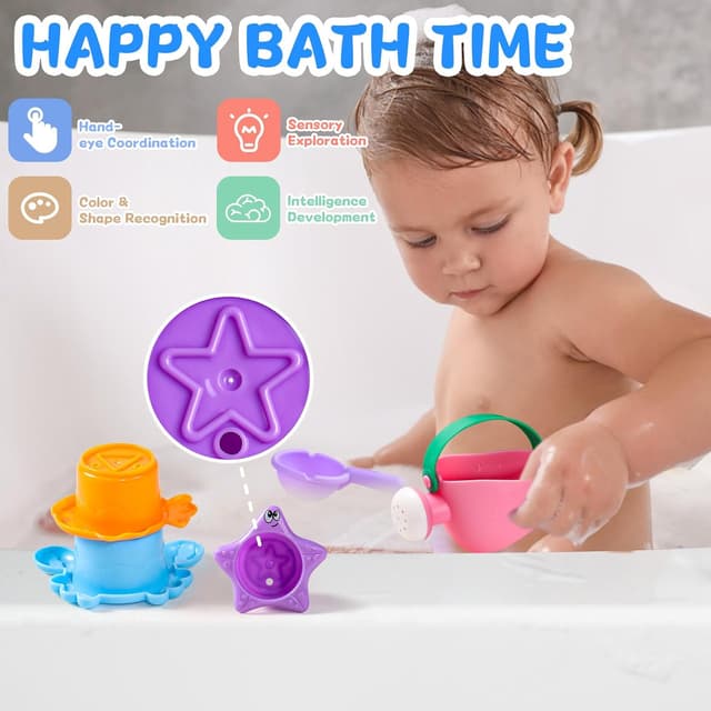 Detalle de Bath Toys For 1 2 3 Year Olds – 5pc Mould-Free Toddler Bath Toy Set (Stacking Cups, Watering Can & Scoop)