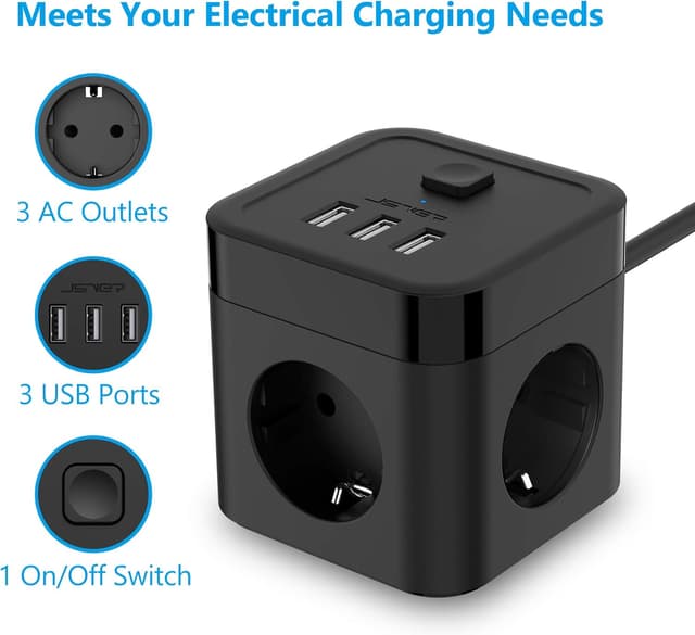 Detalle 2 de JSVER Steckdosenleiste Cube Würfel mit 3 USB, 3680 W und 1,5 m Kabel – kompakt für Büro, Zuhause & unterwegs