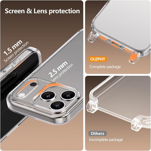 Detalle de OLEPHY Cover trasparente con cordino e tracolla per iPhone 17 Pro Max 6,9" (oro rosa) antiurto e anti-graffio