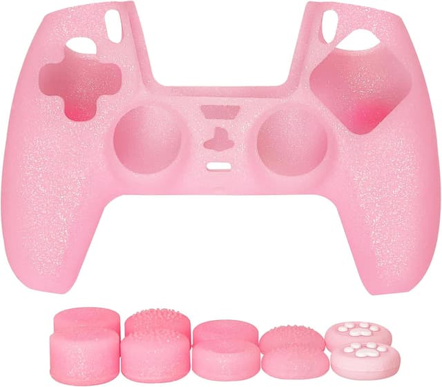 Detalle 2 de Pink glitter anti-slip silicone grips cover set for PS5 (Slim/Pro) – HLRAO, 8 thumb grips caps + protective skin cover