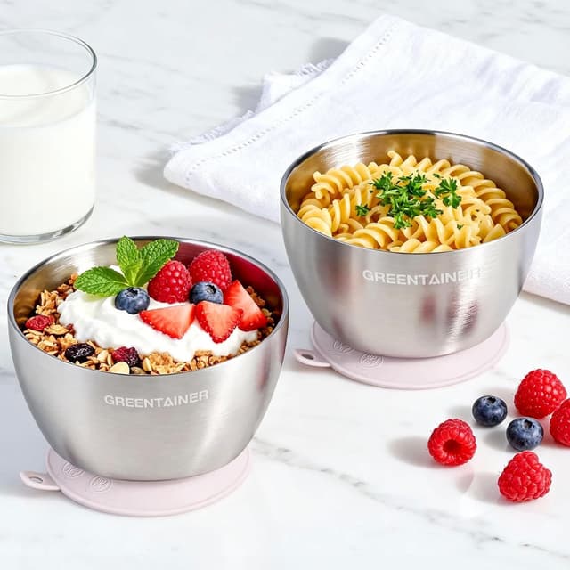 Detalle de Greentainer 304 Stainless Steel Baby Bowl Set (Pink) – Double-wall insulated toddler bowls with removable silicone suction base