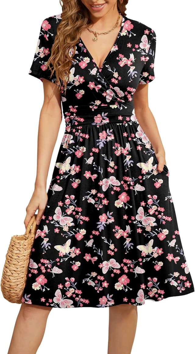 Detalle de WEACZZY Floral V-Neck Wrap-Style Short-Sleeve Casual Dress with Pockets
