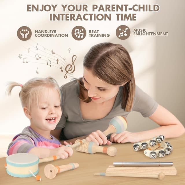 Detalle 2 de Kids Wooden Musical Instrument Set (Maracas, Drum, Tambourine & More) for Toddlers