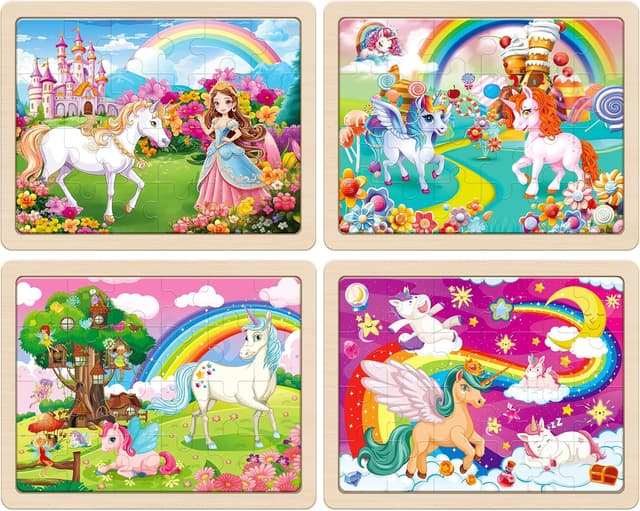 Detalle 2 de SYNARRY Unicorn Princess Fairy wooden jigsaw puzzle set (4 packs, 24 pieces) for ages 3–6