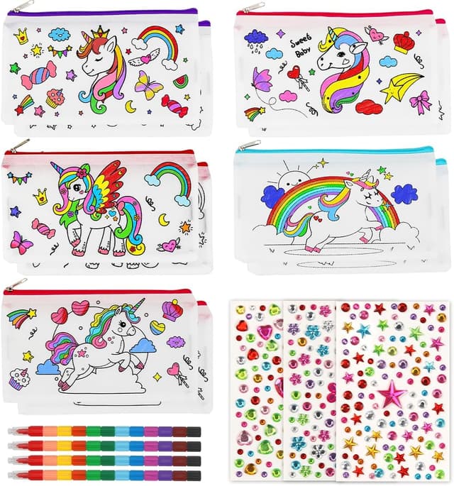 Detalle de Aurasky Einhorn Federmäppchen zum Bemalen mit Stoffbeutel, 10 DIY-Malsets & 4 stapelbare Wachsmalstifte (12 Farben)