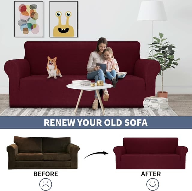 Detalle de Ystyle housse de canapé extensible universelle 4 places bordeaux avec accoudoirs