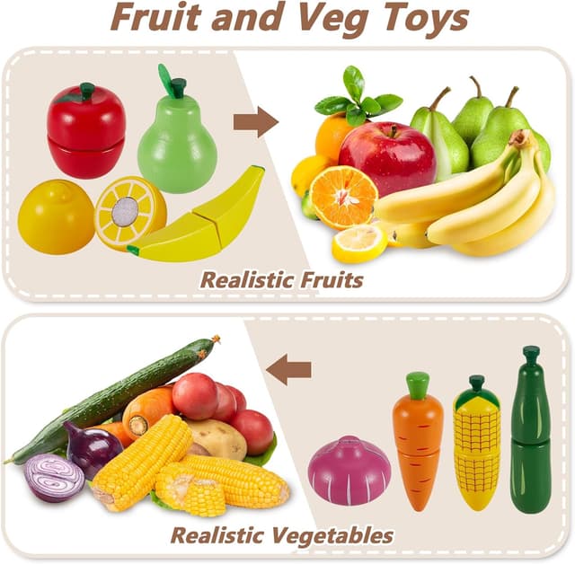 Detalle de HERSITY Holzspielzeug Obst & Gemüse zum Schneiden mit Aufbewahrungskoffer – Lern- und Rollenspielküche für Kinder ab 3