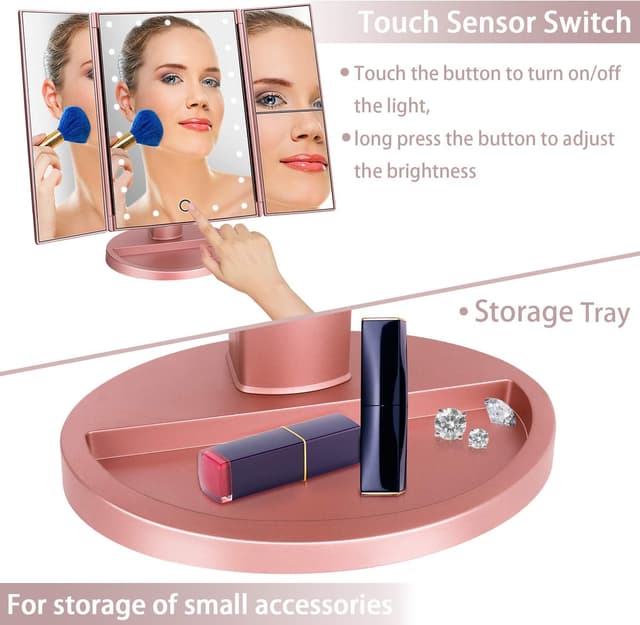 Detalle de deweisn Dresser Mount Tri-Fold Lighted Vanity Mirror with 21 LEDs, Touch Screen, and 3X/2X/1X Magnification