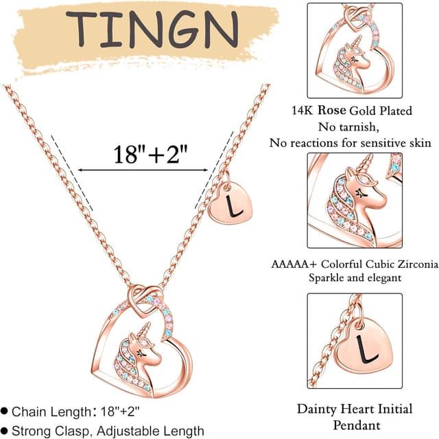 Detalle de Collier licorne TINGN plaqué or rose 14 carats avec cœur et cristaux CZ