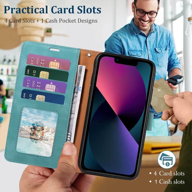 Detalle 2 de GOTOURED Handyhülle für iPhone 13 mit Klappfunktion, RFID-Blockierung, Kartenfächern, Magnetverschluss, Ständer & Handgelenksgurt (Grün)