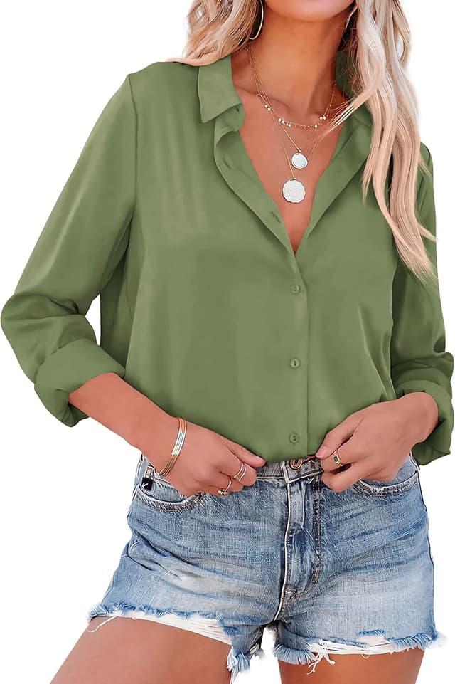 Detalle de NONSAR chemise élégante manches longues col relevé pour femme, blouse satin 100% polyester