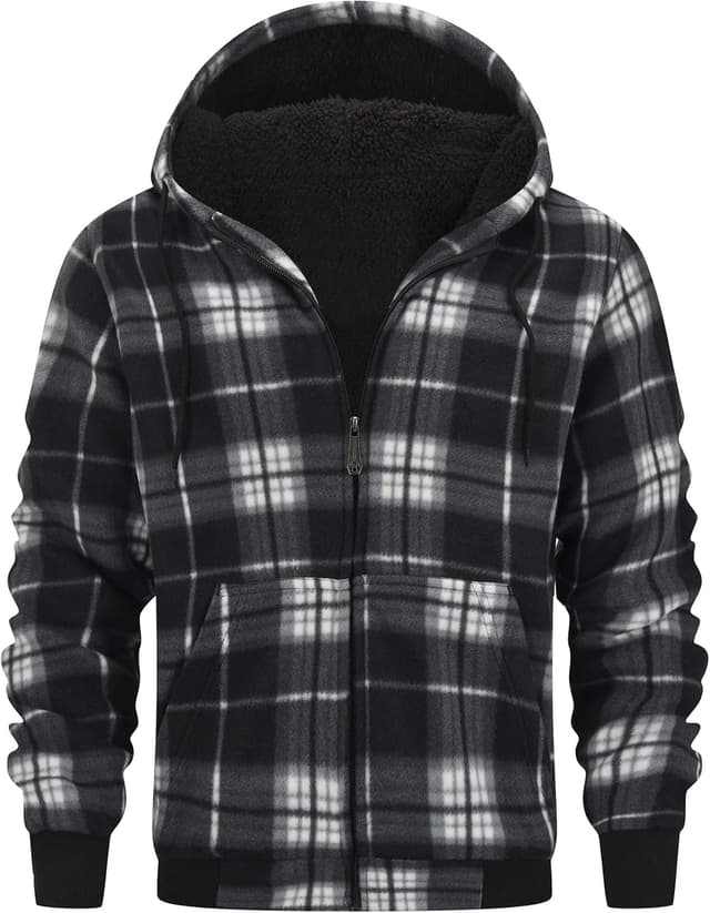 Detalle de geeksport Fleecejacke Herren mit Kapuze kariert – warme Sweatjacke mit durchgehendem Reißverschluss