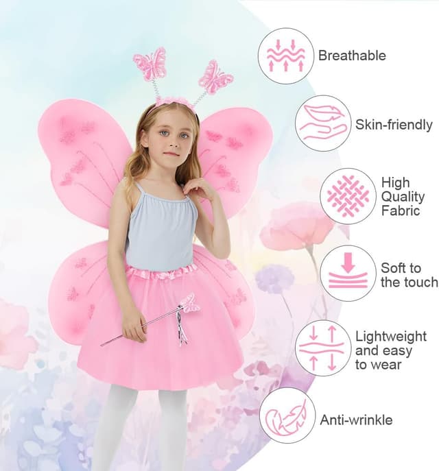 Detalle 2 de AYBUY Kids Fairy Wings Costume Set (Butterfly Wings, Tutu, Magic Wand & Headband)