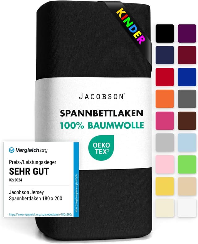 Detalle de Jacobson Jersey-Spannbettlaken aus Baumwolle, Schwarz (60x120–70x140 cm)
