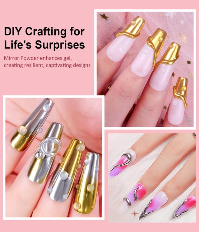 Detalle 2 de BISHENGYF Multifunktions 3D Nail Gel (No Wipe) & Laser Pink Chrome Pulver Set – 15 g mit 6x Chrome Nail Powder