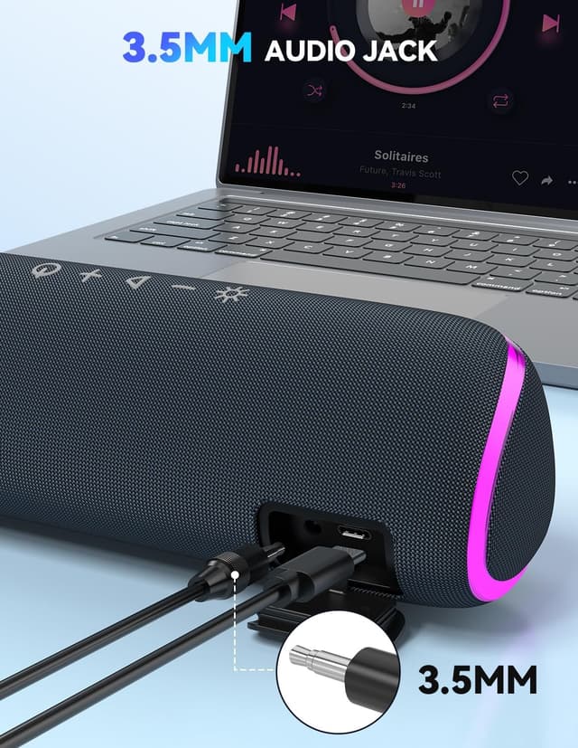 Detalle de TECKNET TK-BS002 Bluetooth 5.4 portable speaker with 30W stereo sound, RGB lights and IPX7