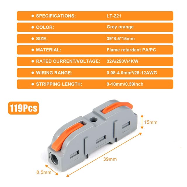 Detalle 2 de flintronic Connecteurs électriques rapides avec levier – 119 pcs, bornes de connexion 1 fil à 2 entrées