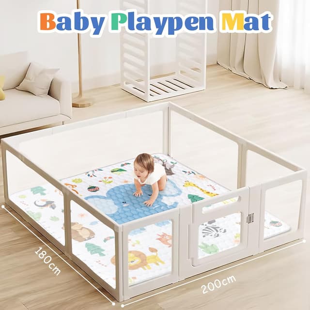 Detalle de Funsland Large Baby Play Mat (200x180cm) – foldable waterproof cotton playpen mat
