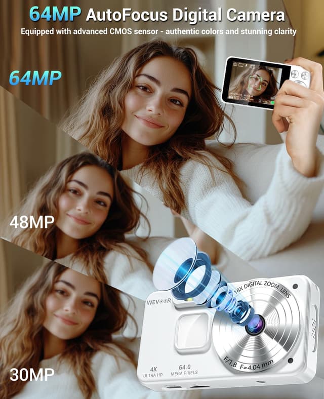 Detalle de Wevoor Macchina Fotografica Digitale 4K 64MP con schermo 2,8”, zoom digitale 18x e memoria da 64GB, bianco