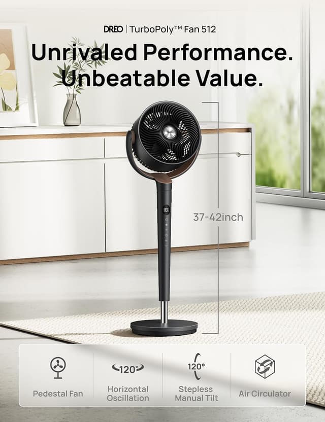 Detalle 2 de Dreo Fan for Bedroom 120° Oscillating Standing Fan with DC Motor, 9 Speeds, 9H Timer (Quiet Pedestal Fan)