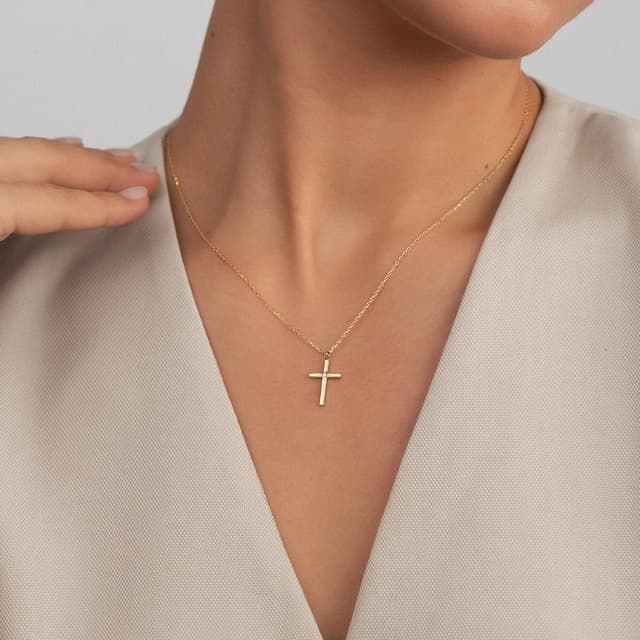 Detalle de TINGN Collier croix plaqué or 14 carats – collier ras du cou réglable, petite croix latérale