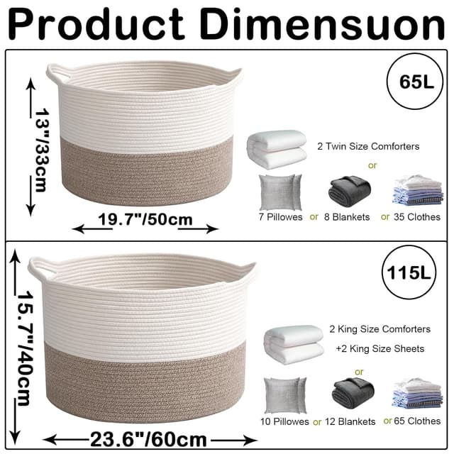 Detalle de HZFTJOY 65L Large Blanket Basket (19.7 in x 19.7 in x 13 in) Rope Woven Storage Bin with Handles