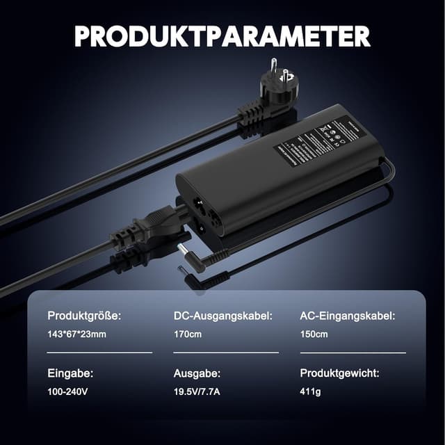 Detalle de 150W Laptop-Ladekabel / Netzteil kompatibel mit HP Omen, Pavilion Gaming, ZBook & EliteBook (4,5 x 3,0 mm)