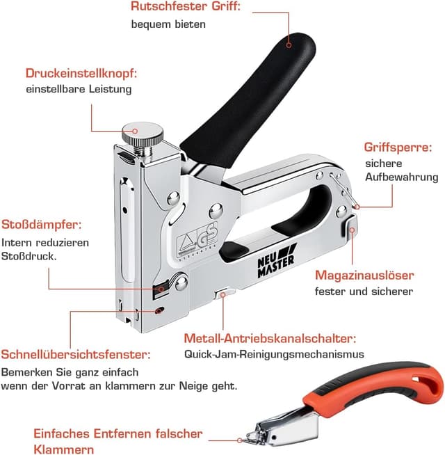 Detalle de NEU MASTER Handtacker Set 3-in-1 für Holz mit 2000 Klammern und Klammerentferner