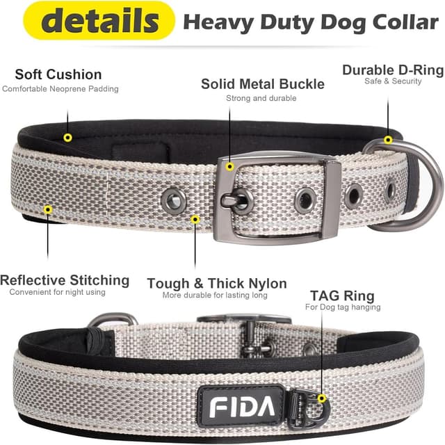 Detalle 2 de Fida Padded Dog Collar with Metal Belt Buckle and Double-Layer Webbing (Grey)
