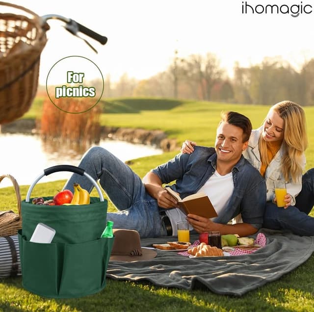 Detalle 2 de IHOMAGIC Foldable Storage Bin with 6 Outer Pockets (17L) – Round Tool Basket, Carrying Hamper, Blackish Green