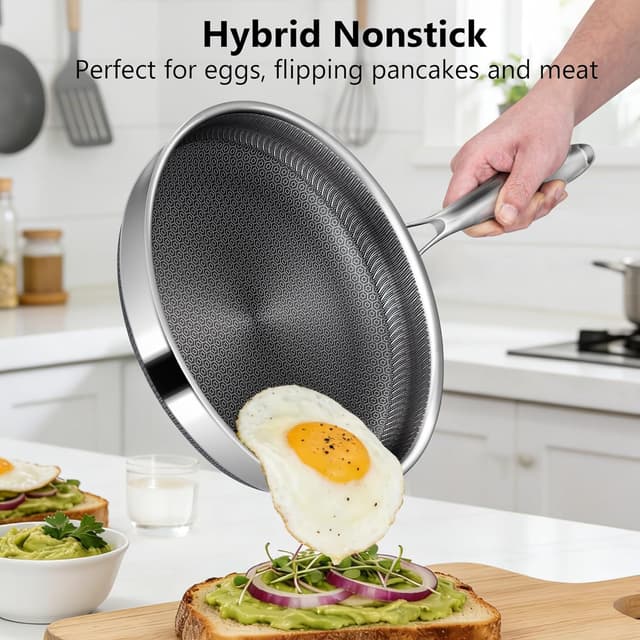 Detalle de Vocvee 12-Inch Nonstick Frying Pan with Lid (Hybrid Stainless Steel, Stay-Cool Handle)