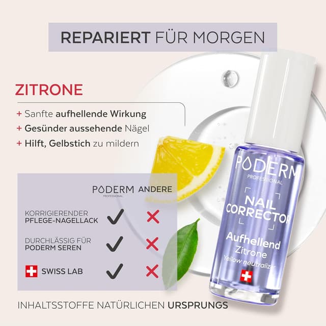 Detalle de PODERM Korrigierender & perfektionierender Pflege-Nagellack gegen gelbe Nägel mit Zitronen-Extrakt (8 ml)