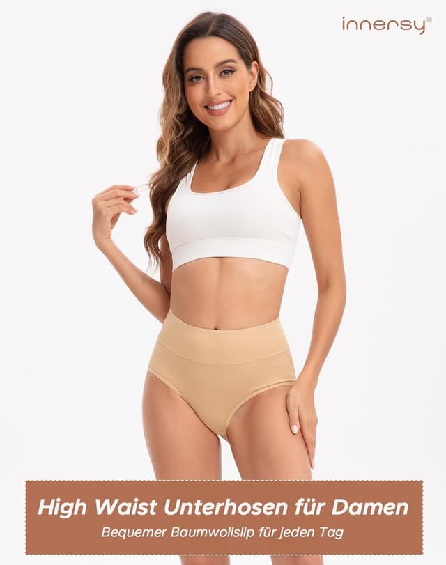 Detalle 2 de INNERSY 5er-Pack Damen-Slips aus Baumwolle mit Stretch, hohe Taille (weich & alltagstauglich)