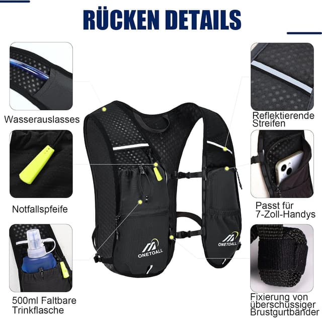Detalle 2 de ONETOALL Laufweste Damen Herren mit 2L Trinkblase und 500 ml Flasche (reflektierend, ca. 150 g, 6 l)