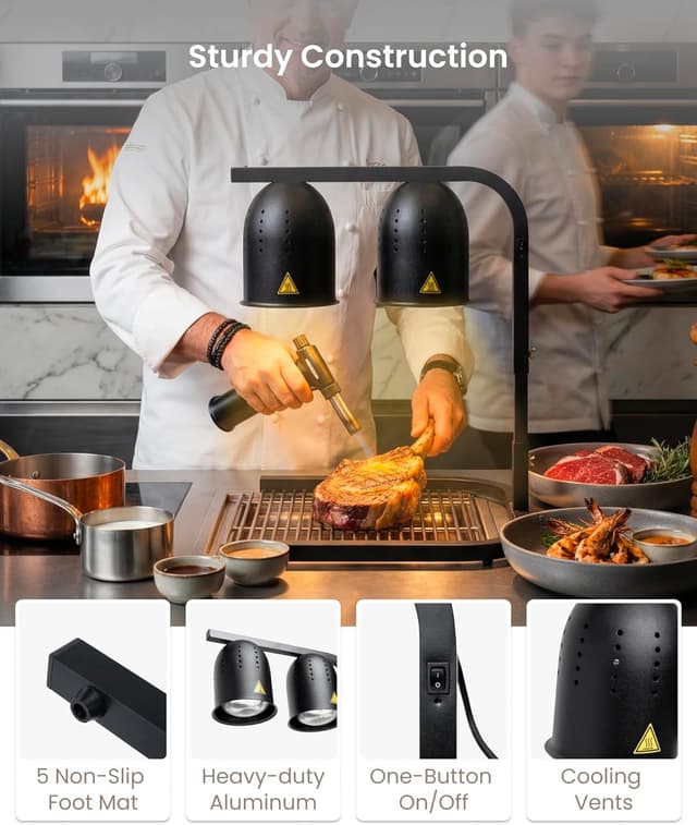 Detalle de SYBO DL2112 Commercial Grade Food Heat Lamp (2-Bulb, 500W) with Adjustable Stand, Black