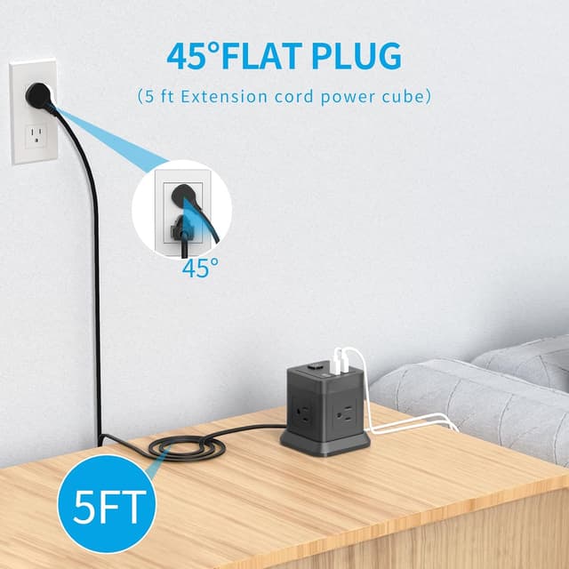 Detalle de FDTEK Flat Plug Power Strip with USB (4 AC + 3 USB), 5 ft Cube Extension Cord, Overload Protection, Black