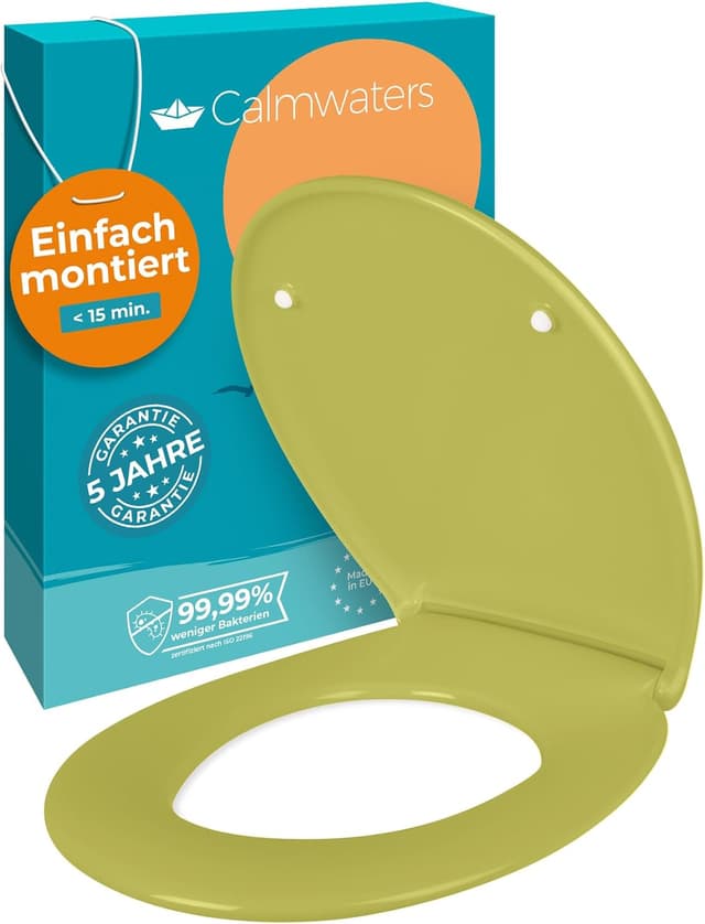 Detalle de Calmwaters® Premium WC Sitz „einfache Montage“ – antibakterieller Duroplast, Absenkautomatik, bis 250 kg, Oliv-Moosgrün