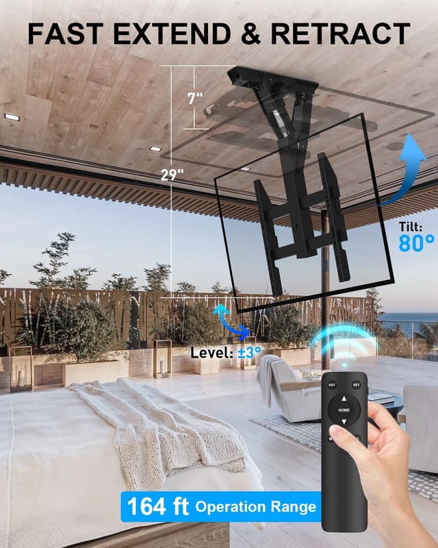 Detalle de Xyndyx elektrische TV-Deckenhalterung mit Fernbedienung für 23–55 Zoll, 0°–80° neig-/absenkbar bis max. VESA 400×400 mm (schwarz)