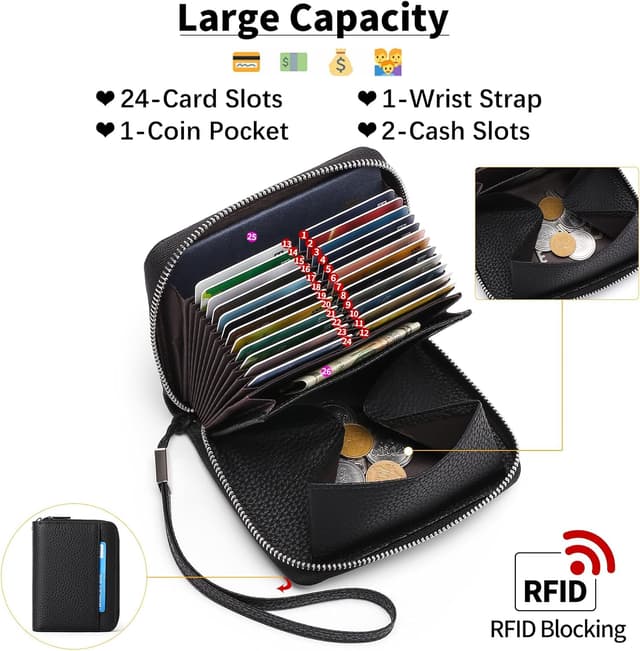 Detalle de SENDEFN women’s leather RFID credit card holder purse with wrist strap, coin pocket (24 slots)