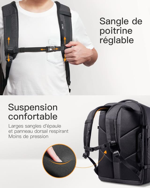 Detalle 2 de Inateck Lightour sac à dos de voyage extensible 38,5 à 46,2 L pour ordinateur portable 17,3" et iPad 12,9