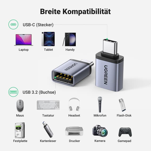 Detalle 2 de UGREEN USB C auf USB‑3.2‑Adapter 10 Gbps OTG (2 Stück) 🔌