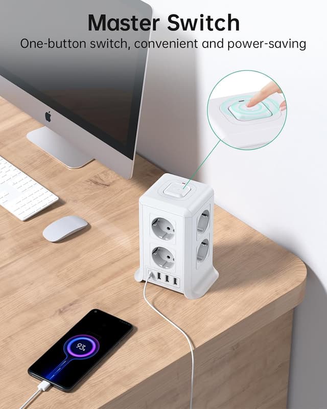 Detalle de Mehrfachsteckdose mit 4 USB & 8-fach Steckdosenleiste (USB-A + USB-C) inkl. Schalter und Überspannungsschutz