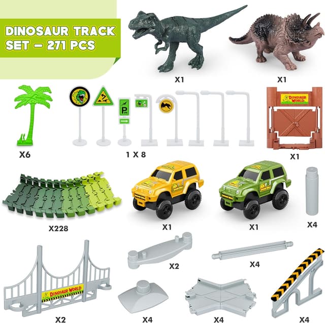 Detalle de Dinosaur Tracks 271-Piece Flexible Dinosaur World Road Race Train Track Set (Race Cars + Dinosaur Figures) for Ages 3+
